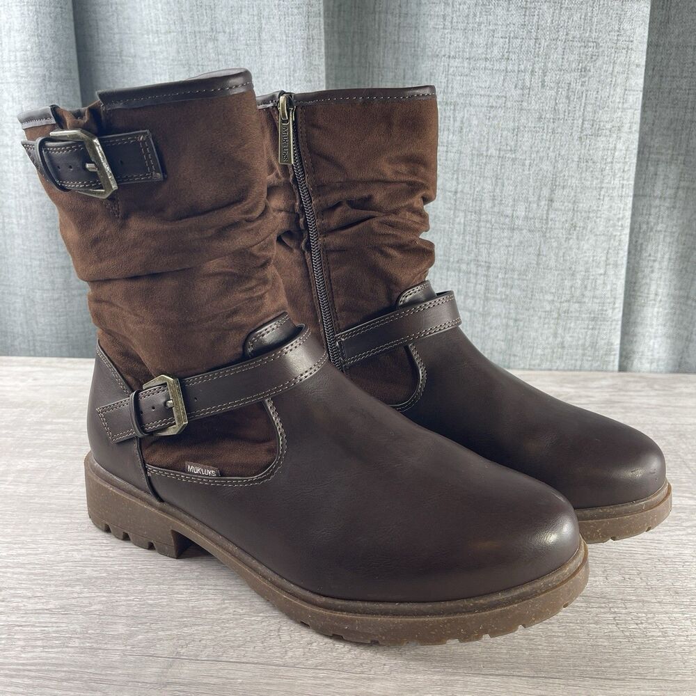 MUK LUKS Scarlett Women's Sabrina Mid Calf Boots Brown Faux Leather 8.5W Buckles